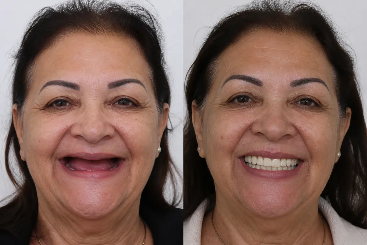 Dona Marlene, paciente, antes e depois da prótese protocolo fixa sobre implantes